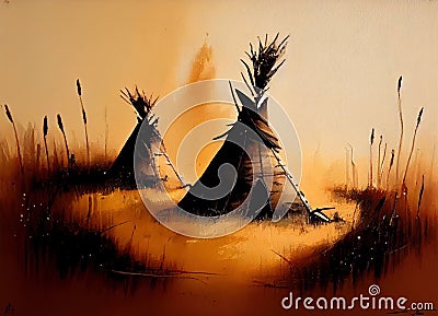 Teepees in a Field with Smoke Oil Painting of Landscape Background AI Generative Stock Photo