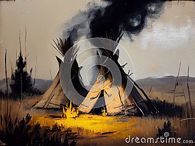 Teepees in a Field with Smoke Oil Painting of Landscape Background AI Generative Stock Photo