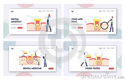 Teeth Anatomy and Structure Landing Page Template Set. Tiny Dentists Characters at Huge Tooth Infographics Vector Illustration