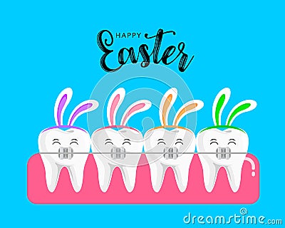 Teeth with braces and rabbit ear. Vector Illustration