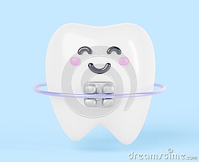 Teeth cartoon kawaii character with metal dental braces 3d render icon. Cute smiling tooth with brackets and arch wire Cartoon Illustration