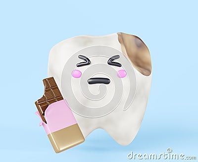 Teeth decay, sad baby tooth with chocolate bar and enamel caries 3d render icon. Bad damaged cartoon kawaii character Cartoon Illustration
