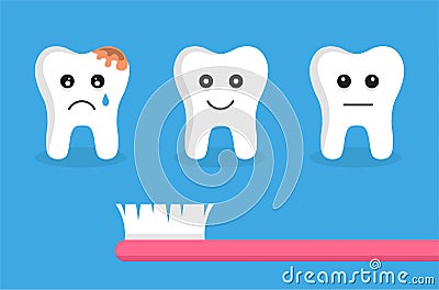 Teeth with different emotions and pink toothbrush. Flat style vector illustration. Dental care concept design. Vector Illustration