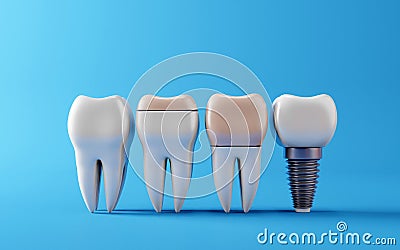 teeth with different types of dental filling with Dental teeth implants, Oral health and dental inspection teeth. Medical dentist Stock Photo