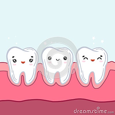 Teeth in the gums. Vector color illustration in cartoon style. Kawaii character. Children`s dentistry Cartoon Illustration
