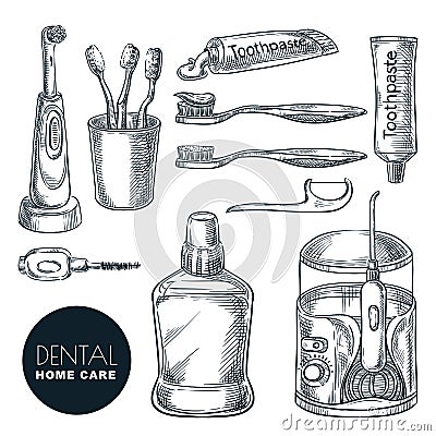 Teeth and mouth home care supplies set. Hand drawn sketch vector illustration. Dental hygiene and prevention of caries Vector Illustration