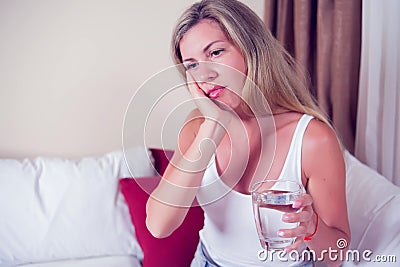 Teeth Problem. Woman Feeling Tooth Pain. Attractive Female Feeling Painful Toothache. Dental Health And Care Concept. High Stock Photo