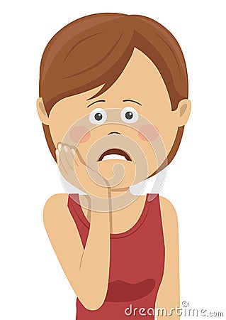 Teeth problem. Woman feeling tooth pain. Sad girl suffering from strong tooth pain. Dental health and care concept Vector Illustration