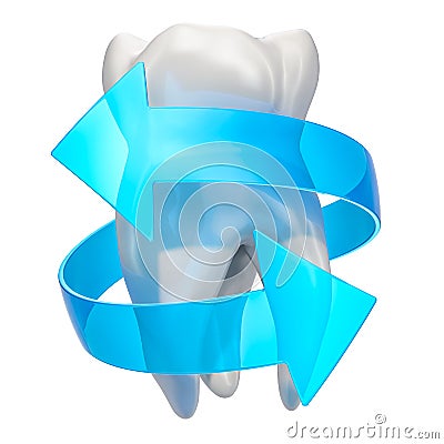 Teeth recovery and protection concept. Tooth with blue arrows, 3D rendering Stock Photo