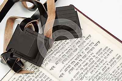 Tefilin and siddur Stock Photo