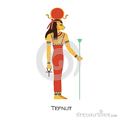 Tefnut, Ancient Egypts goddess with lioness head and sun disk. Female Egyptian god of moisture and rain. Old historical Vector Illustration