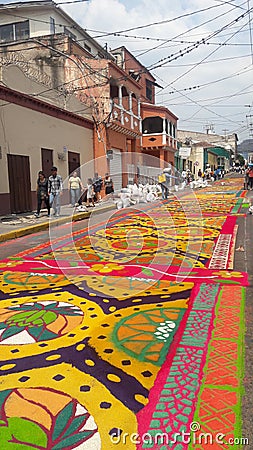 Sawdust colored carpets preparation religious summer celebration Tegucigalpa Honduras 2019 4 Editorial Stock Photo