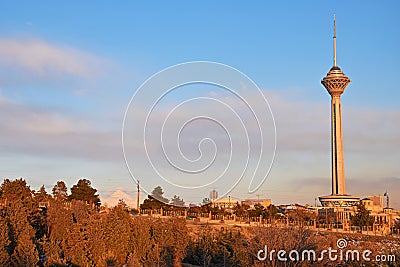 Tehran cityscape and Milad Tower , Damavand in horizon Stock Photo