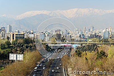 View of Tehran city, Modares highway and Abo Atash bridge from Tabiat Bridge in Tehran. Iran Editorial Stock Photo