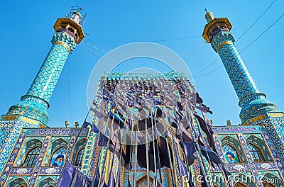 Ashura flags in Tajrish Square and on Imamzadeh Saleh Holy Shrine, Tehran, Iran Editorial Stock Photo