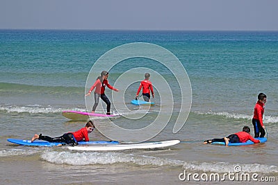 Tel-Aviv, Israel - 04/05/2017: Children catch a wave. Children`s school of surfing on Mediterranean Sea. Editorial Stock Photo