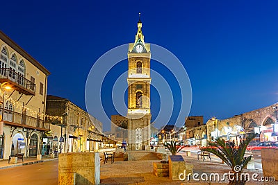 Tel Aviv Jaffa Israel The Clock Tower blue hour night city Stock Photo