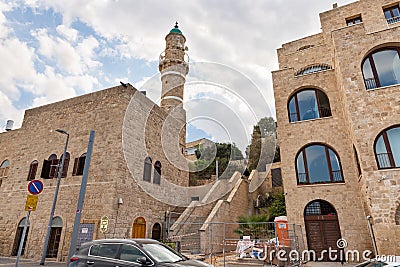 Al-Bahr Mosque in the old town of Yafo and the skyscrapers of Tel Aviv in the distance, in Tel Aviv - Yafo city, Israel Editorial Stock Photo