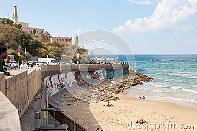 Promenade and free beach in the old town of Yafo, in Tel Aviv - Yafo city, Israel Editorial Stock Photo