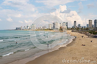 Promenade and free beach in the old town of Yafo and the skyscrapers of Tel Aviv in the distance, in Tel Aviv - Yafo city, Israel Editorial Stock Photo