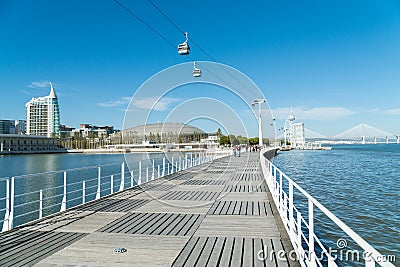 Telecabins cable cars and people in Park of Nations in Lisbon Editorial Stock Photo