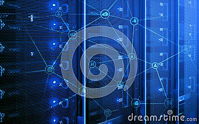 Telecommunication concept with abstract network structure and server room background Stock Photo