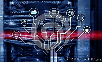 Telecommunication concept. Binary code on large data center background. Technology wallpaper Stock Photo