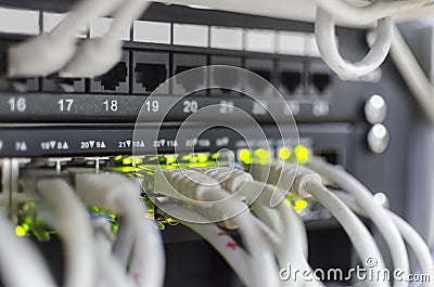 Telecommunication Ethernet Cables Connected to Internet Switch Stock Photo
