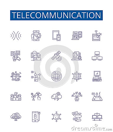 Telecommunication line icons signs set. Design collection of Telecom, Networking, Communication, Transmission, Wireless Vector Illustration