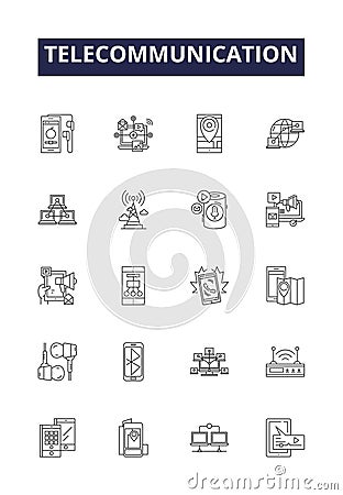 Telecommunication line vector icons and signs. Networking, Wireless, Voice, Cellular, Phone, Television, Broadband Vector Illustration