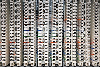 Telecom quick connect punchdown blocks with colorful solid copper twisted pair wire Stock Photo