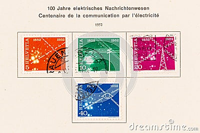 Telecommunication Series Postage Stamps Switzerland 1952 Editorial Stock Photo