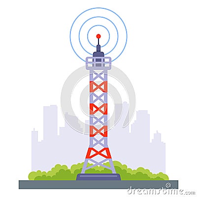 Telecommunication tower a falling signal on the city. Vector Illustration