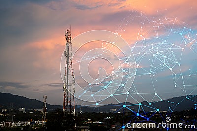 Telecommunication Tower for 2G 3G 4G 5G network during sunset. Antenna, BTS, microwave, repeater, base station, IOT. Technology Stock Photo