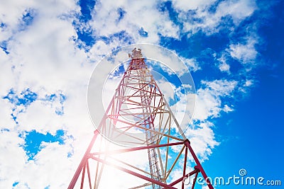 Telecommunication tower with panel antennas and radio antennas and satellite dishes for mobile communications 2G, 3G, 4G Stock Photo