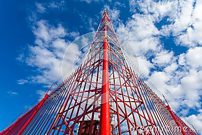 Telecommunication tower with panel antennas and radio antennas and satellite dishes for mobile communications 2G, 3G, 4G, 5G Stock Photo