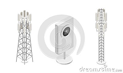 Telecommunication tower and webcam. Wireless technology devices isometric vector illustration Vector Illustration