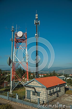 Telecommunication towers on a base transceiver station Stock Photo