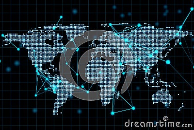 Telecommunication world map concept with digital dots and lines on pixel world map on dark background. 3D rendering Stock Photo