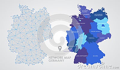Telecommunications network of the Germany, Abstract mesh polygonal geographic map, detailed political map Vector Illustration