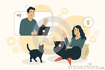 Telecommuting concept young women working from home illustration Vector Illustration