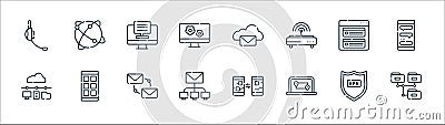 telecommuting line icons. linear set. quality vector line set such as share, route, intranet, network, task, chat box, cloud, Vector Illustration