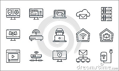 Telecommuting line icons. linear set. quality vector line set such as wifi, online payment, video, intranet, modem, online, Vector Illustration