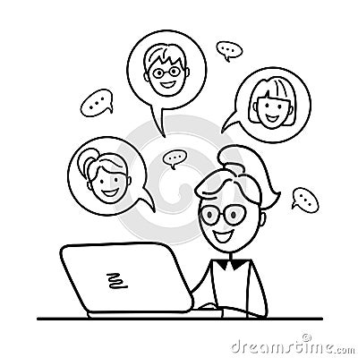 Women and men taking part in business meeting, negotiation, brainstorming, talking to each other. Online learning. Video conferenc Vector Illustration