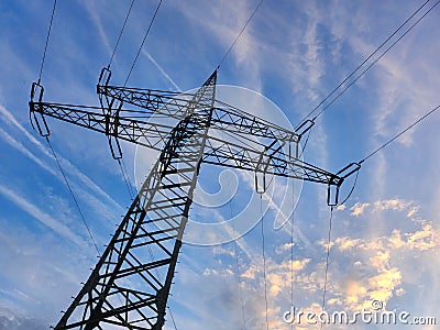 Telecomunications pilons with a very beautiful blue sky with fluffy clouds and clear view. Stock Photo