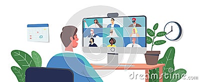 Teleconference, Webcam Group Conference with Coworkers by Computer. Business Characters, Office Employees Video Call Vector Illustration