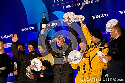 TELEFONICA BLUE crew celebrating finish of Leg 7 Editorial Stock Photo