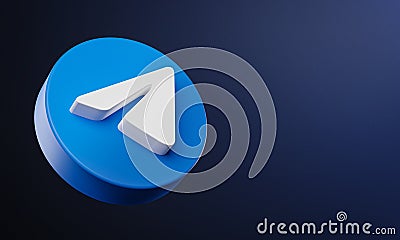 Telegram Circle Button Icon 3D on Dark Bakcgorund. Elegant Template Blank Space Editorial Stock Photo