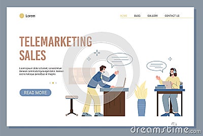 Telemarketing sales website template with call operators, vector illustration. Vector Illustration