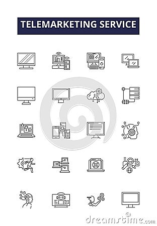 Telemarketing service line vector icons and signs. Service, Outbound, Call, Inbound, Strategies, Advertising, Sales Vector Illustration